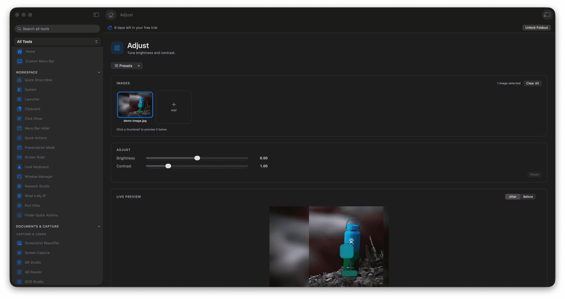 Foldout Tune image brightness and contrast tool screen on macOS