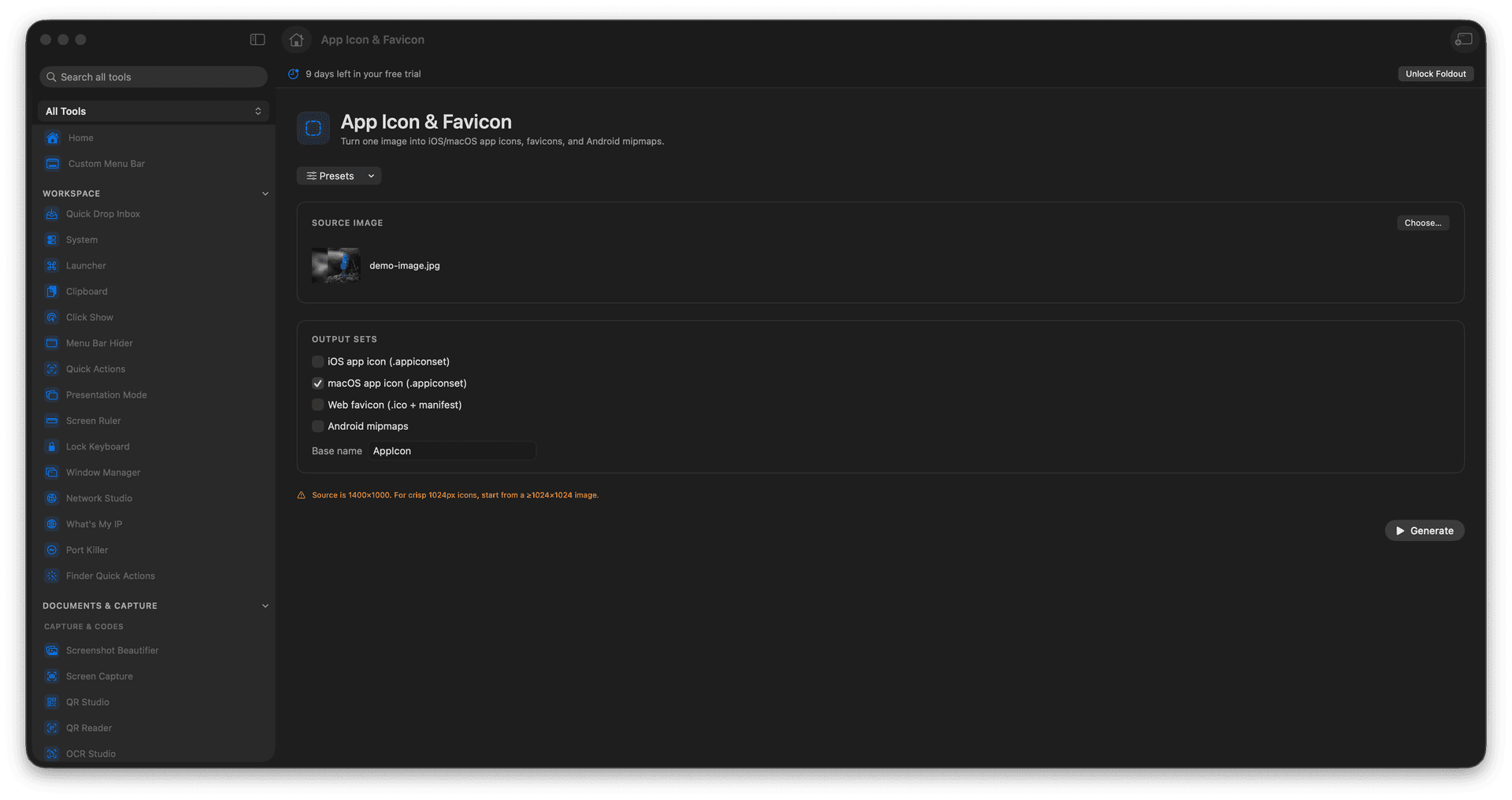 Foldout Create app icons and favicons from one source image tool screen on macOS