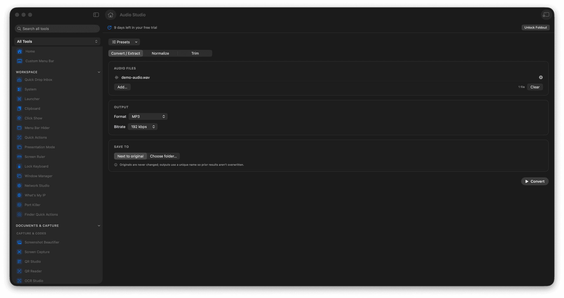 Foldout Convert, trim, extract, and normalize audio tool screen on macOS