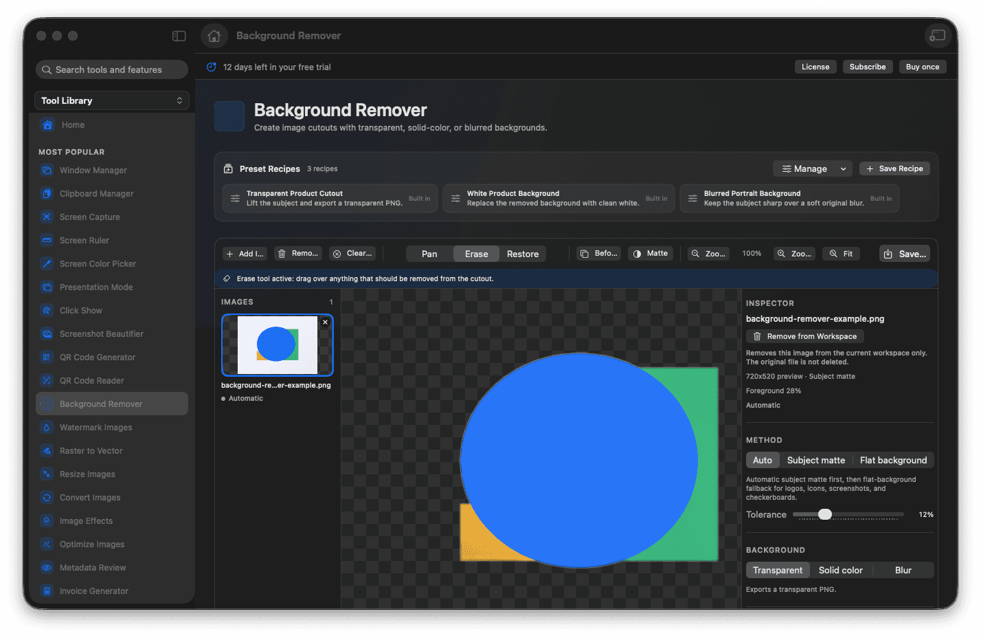 Foldout Background Remover tool screen on macOS with a cutout preview and refinement brushes