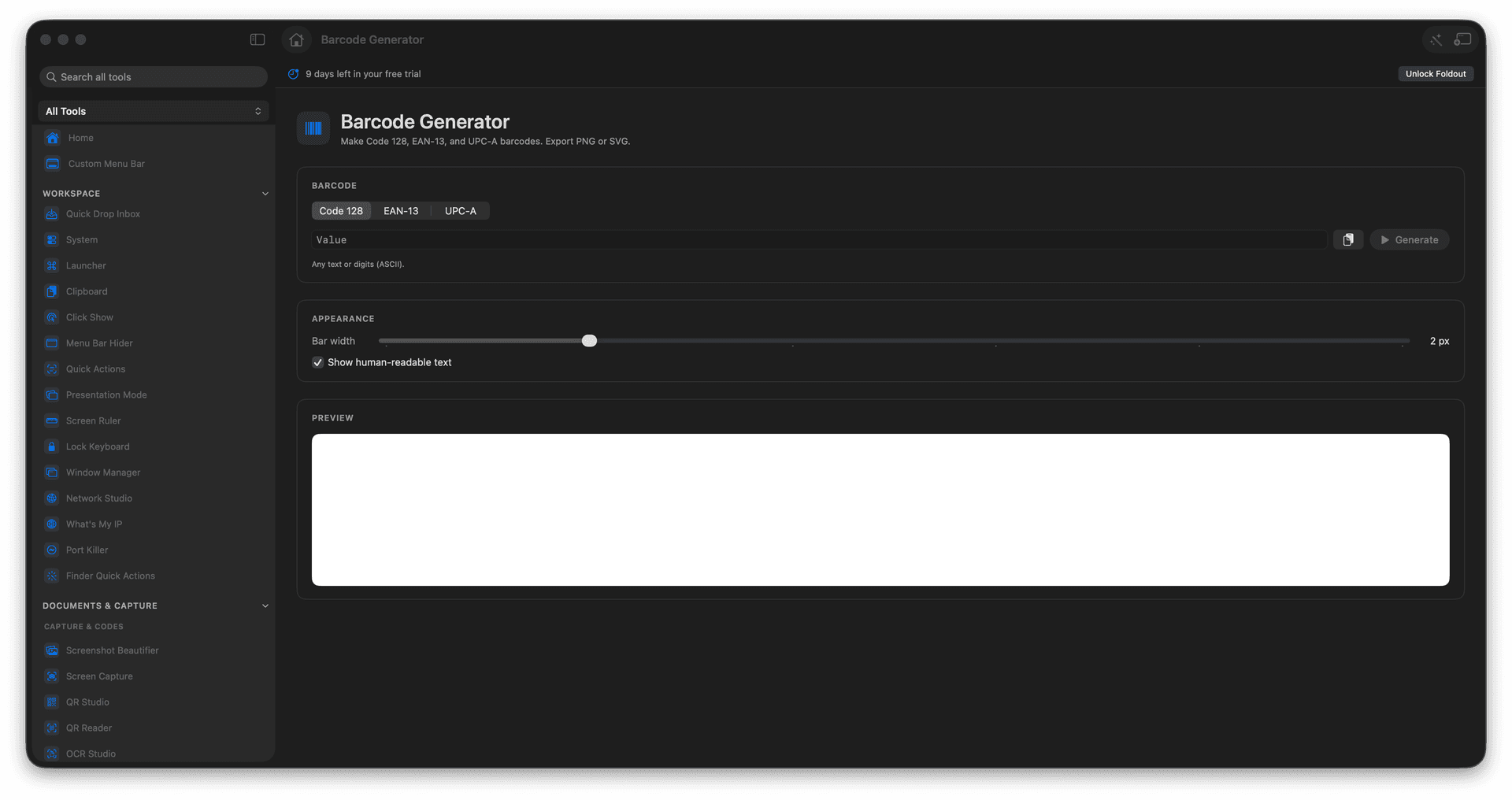 Foldout Barcode Generator tool screen on macOS
