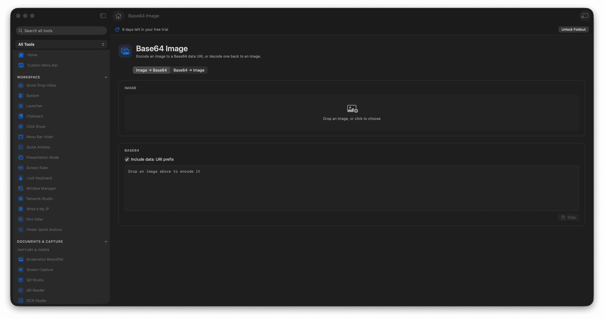 Foldout Encode images as Base64 or decode data URIs tool screen on macOS