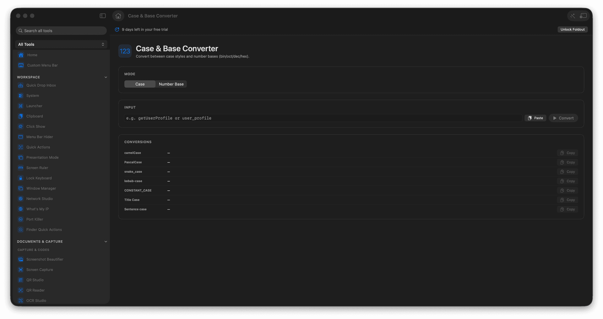 Foldout Convert identifiers and number bases tool screen on macOS