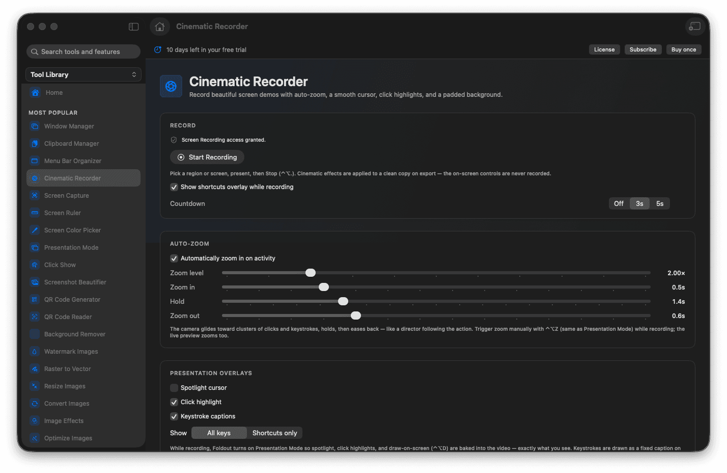 Foldout Cinematic Recorder showing auto-zoom, a smooth cursor, and a padded backdrop on macOS