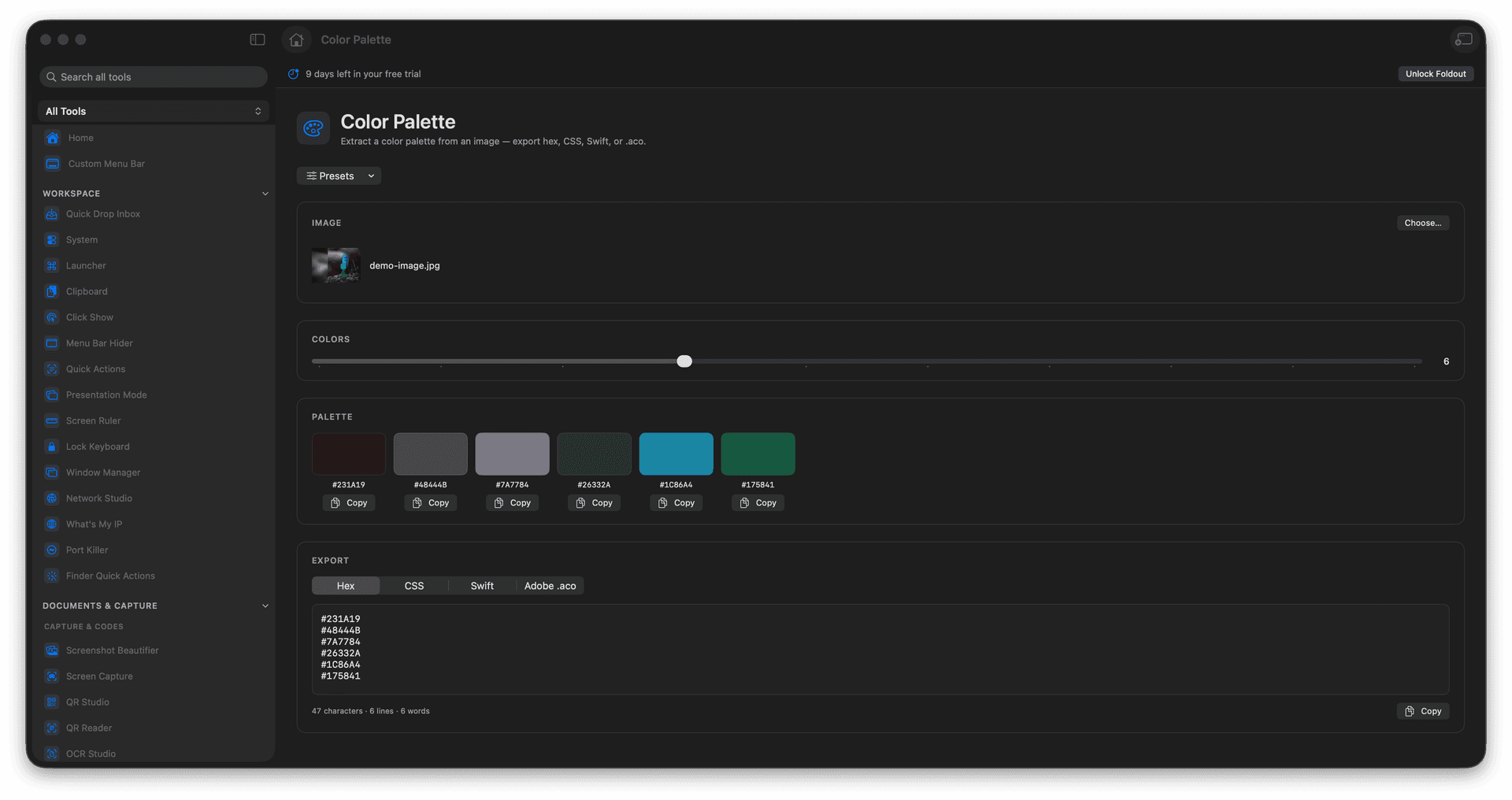Foldout Extract a usable color palette from an image tool screen on macOS