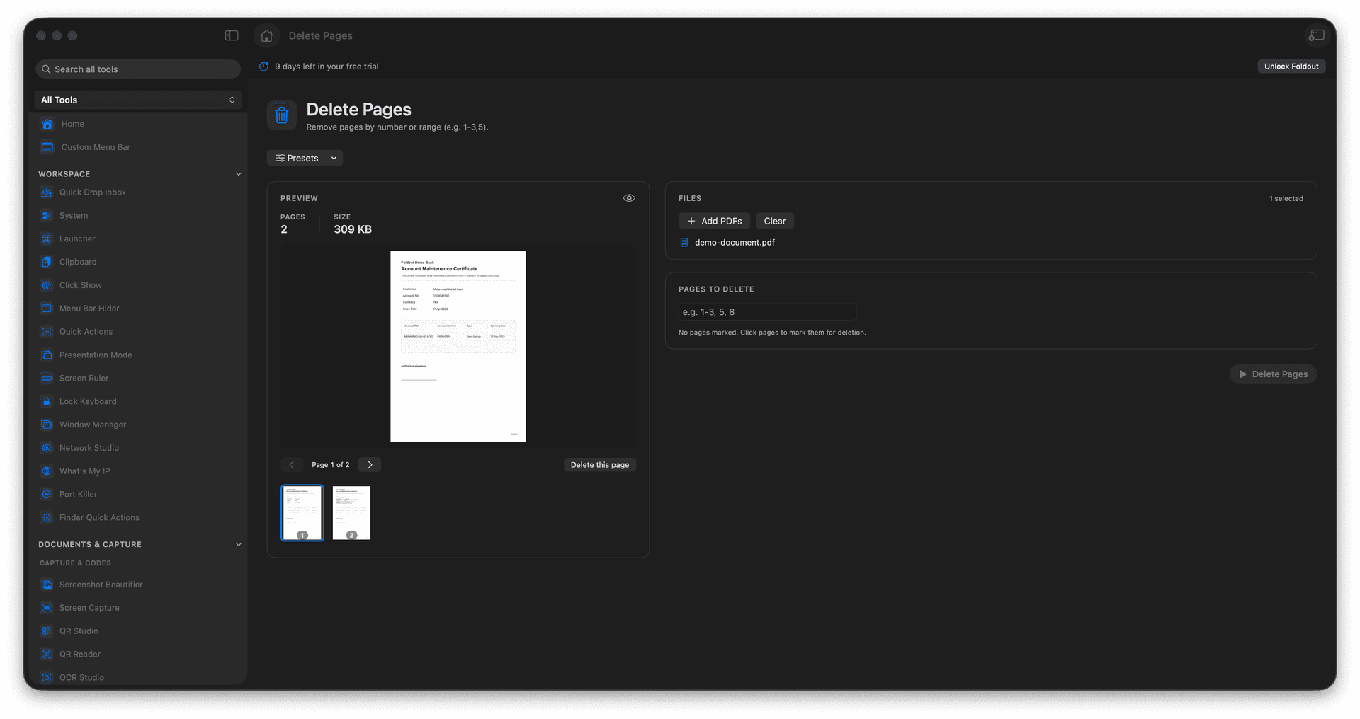 Foldout Remove pages by number or range tool screen on macOS