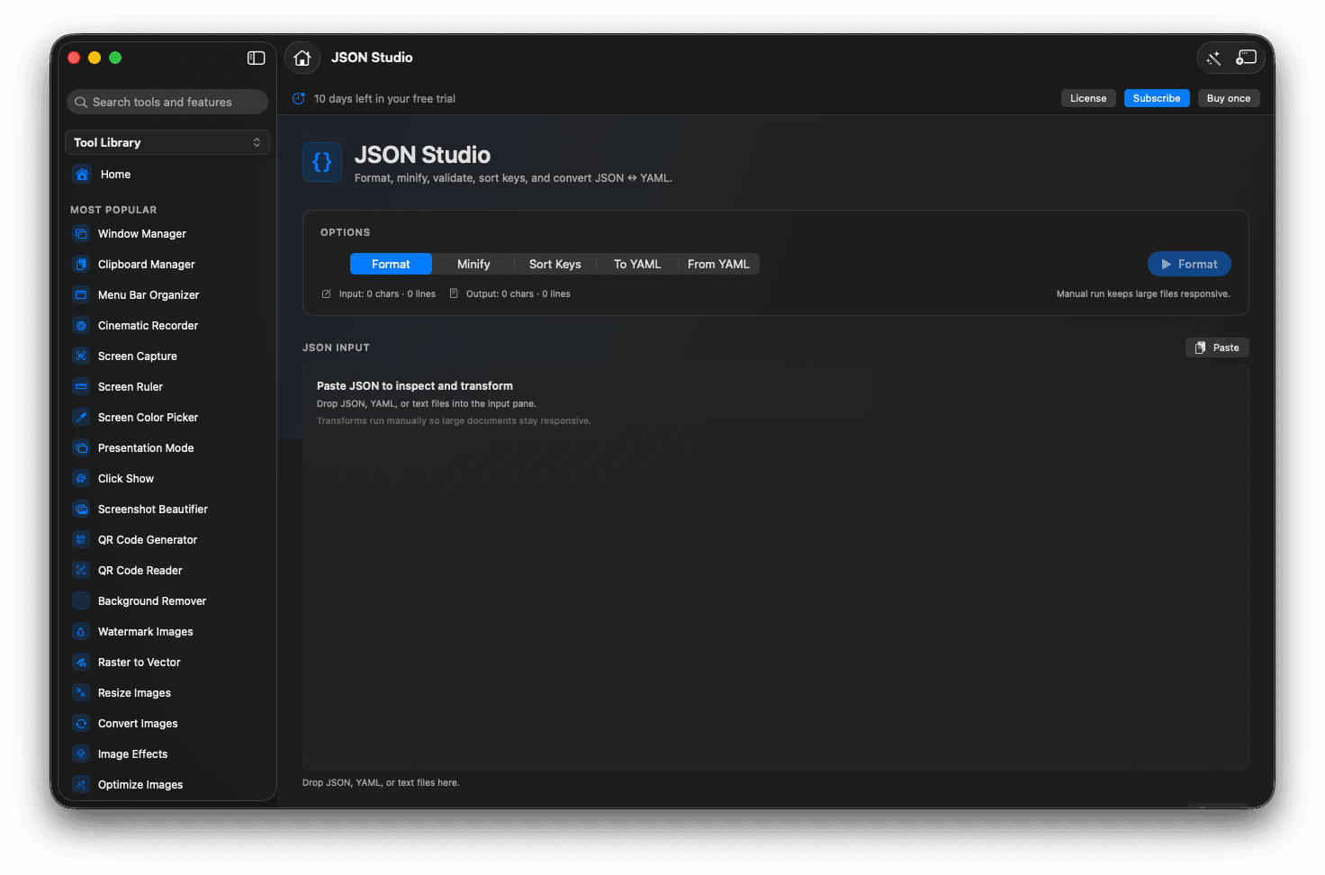 Foldout developer tools on macOS showing a JSON tree and formatting options