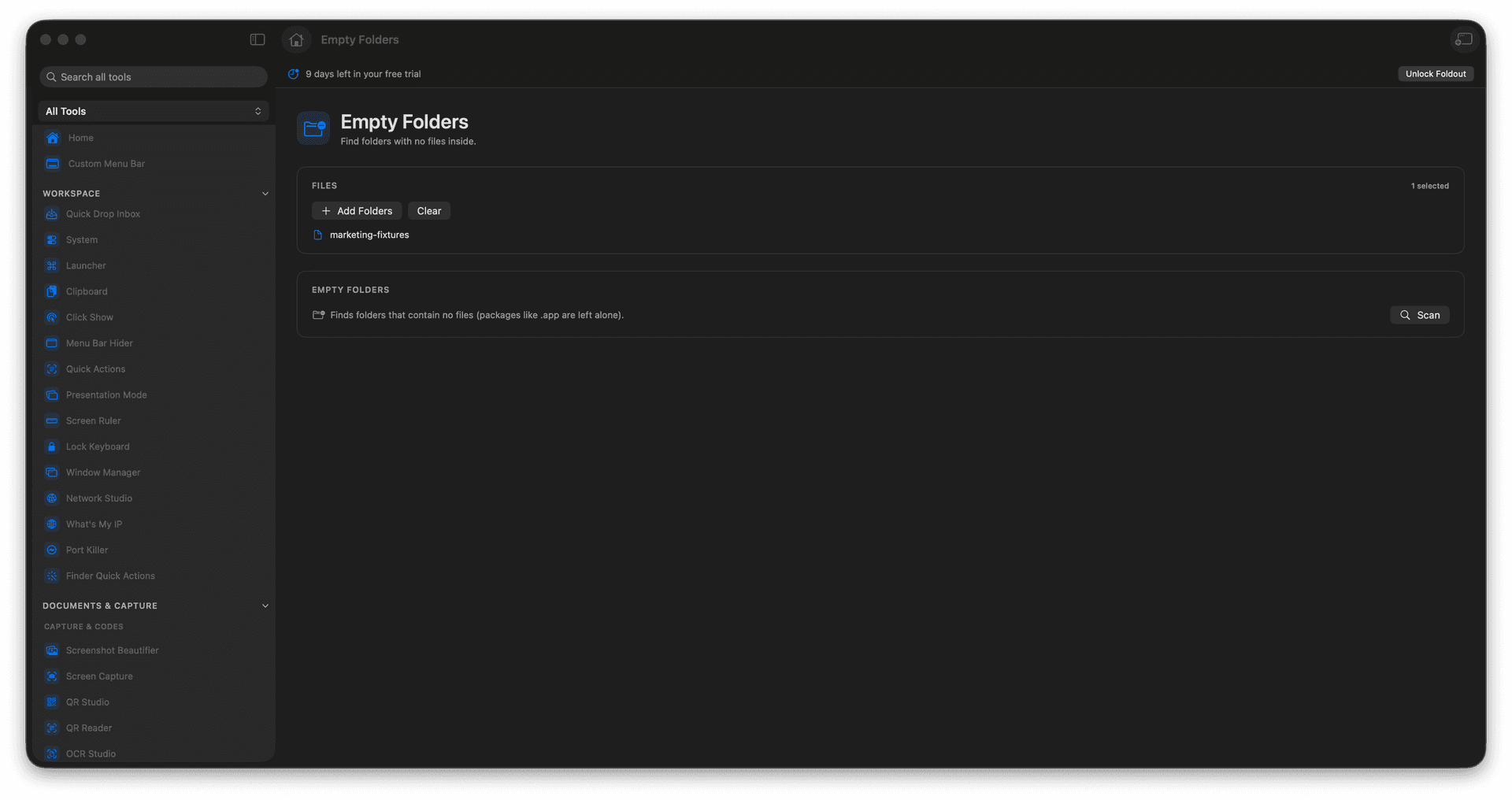 Foldout Find folders that contain nothing useful tool screen on macOS