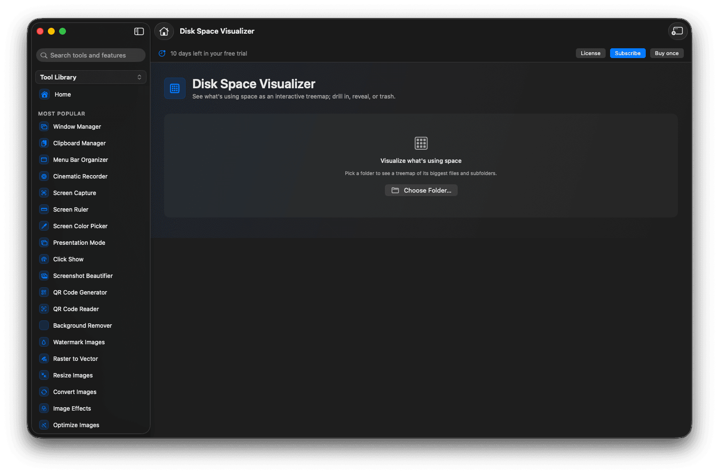 Foldout file tools on macOS showing a disk space treemap