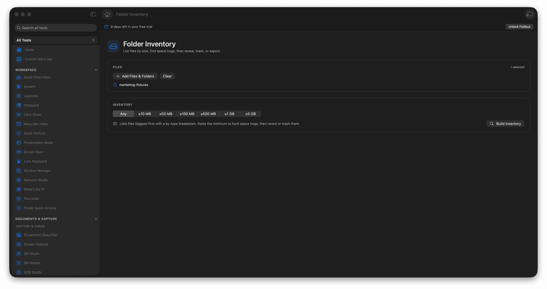 Foldout Folder Inventory tool screen on macOS with selected files sorted by size