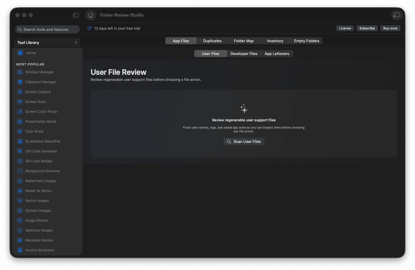 Foldout Folder Review Studio tool screen on macOS with duplicate, folder map, and inventory tabs