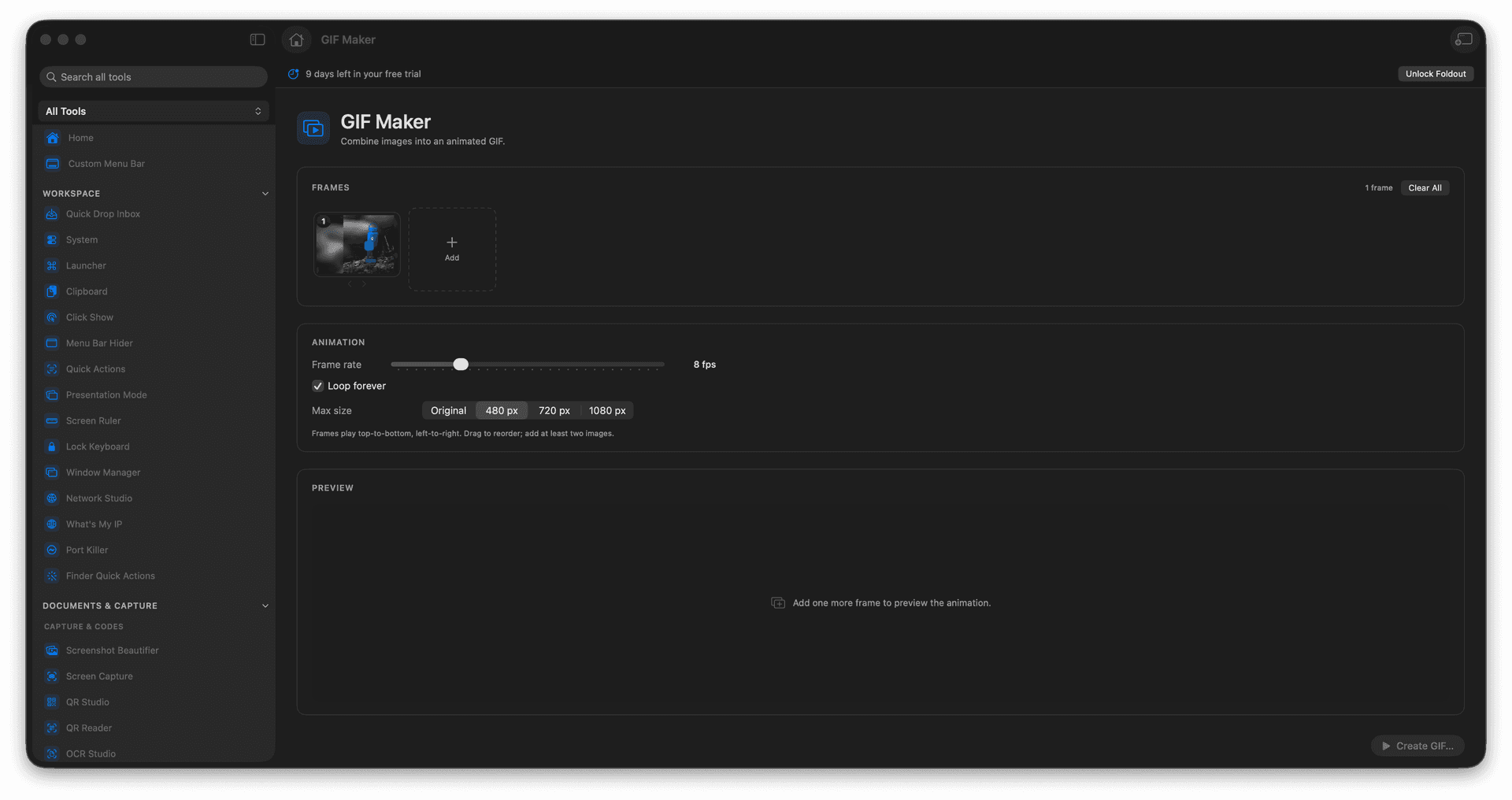 Foldout Combine images into an animated GIF tool screen on macOS
