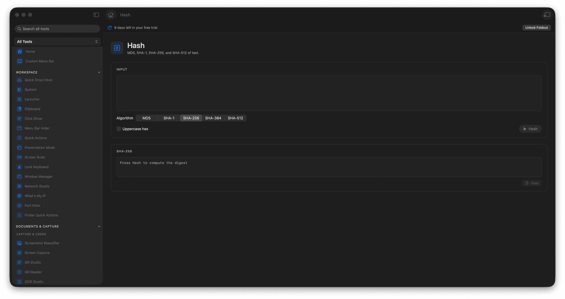 Foldout Hash text with common digest algorithms tool screen on macOS