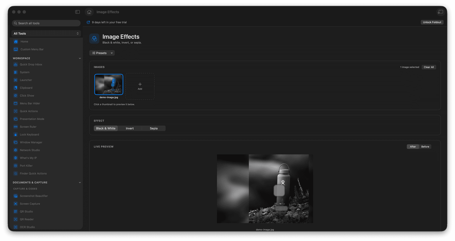 Foldout Apply simple visual effects to image batches tool screen on macOS