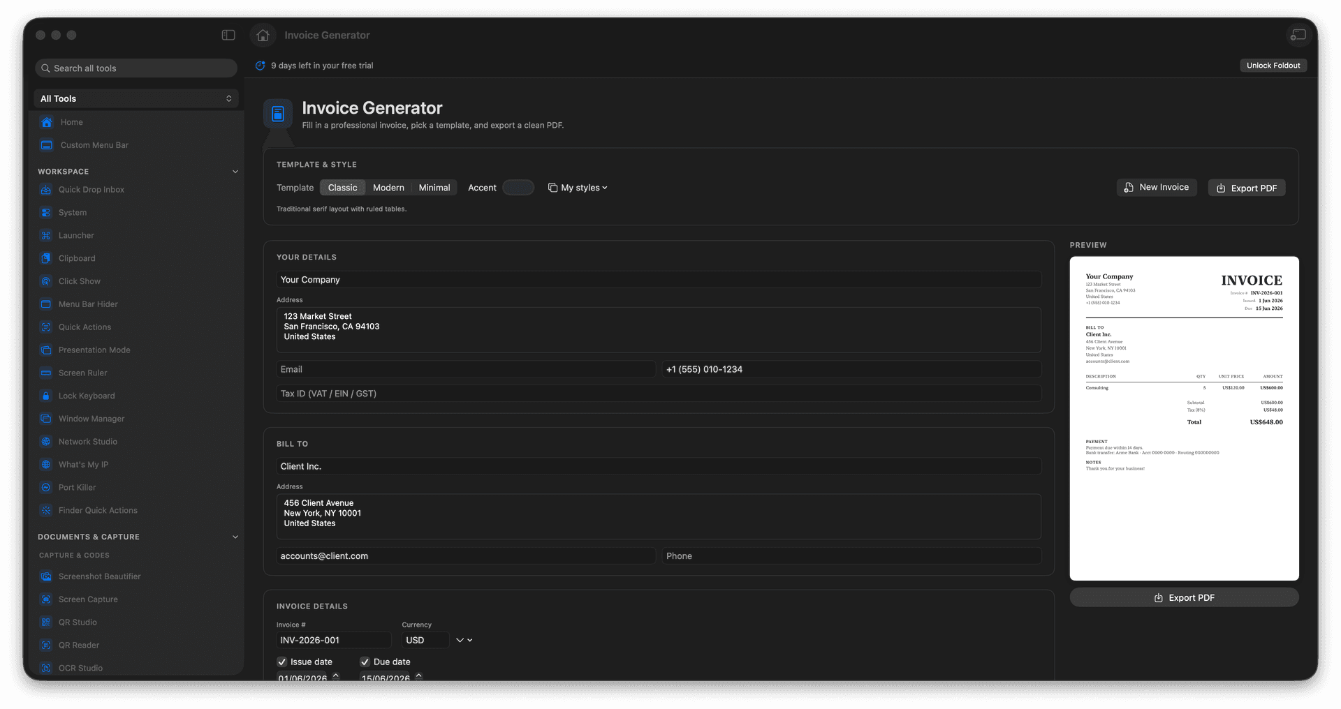Foldout Invoice Generator tool screen on macOS