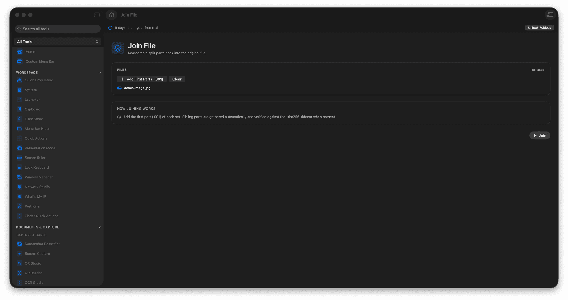 Foldout Reassemble split file parts tool screen on macOS