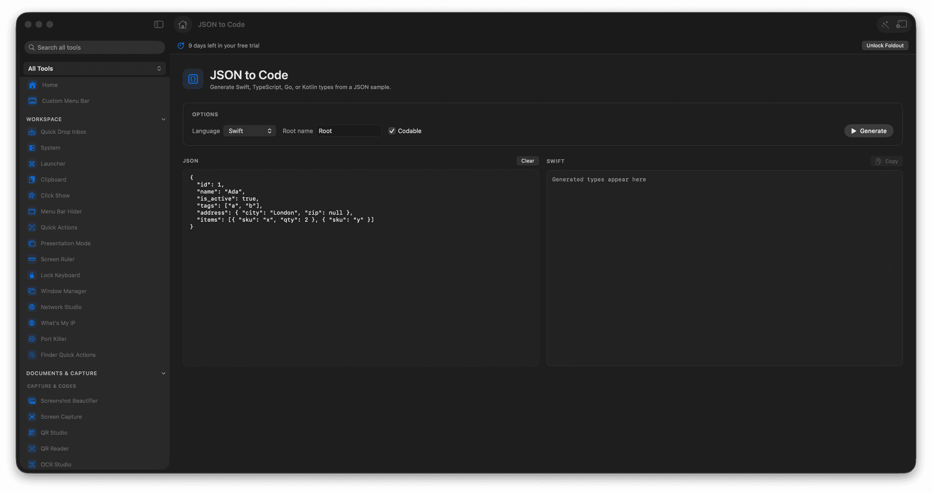 Foldout JSON to Code tool screen on macOS