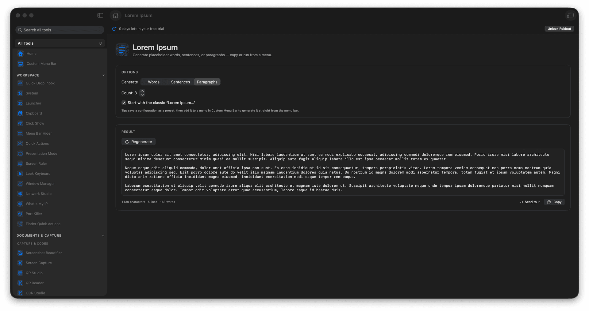 Foldout Placeholder Text tool screen on macOS