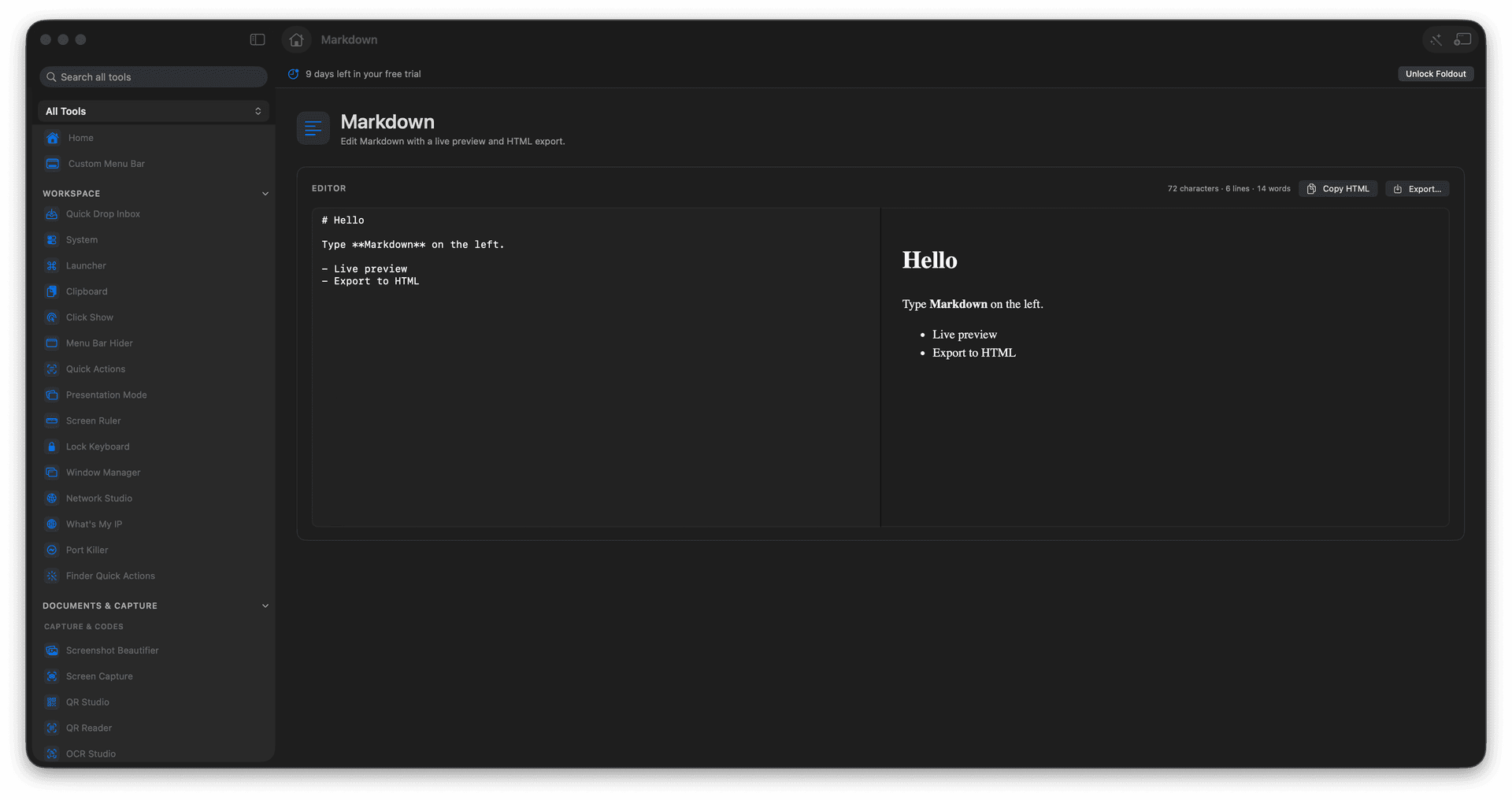 Foldout Edit Markdown with live preview and HTML export tool screen on macOS