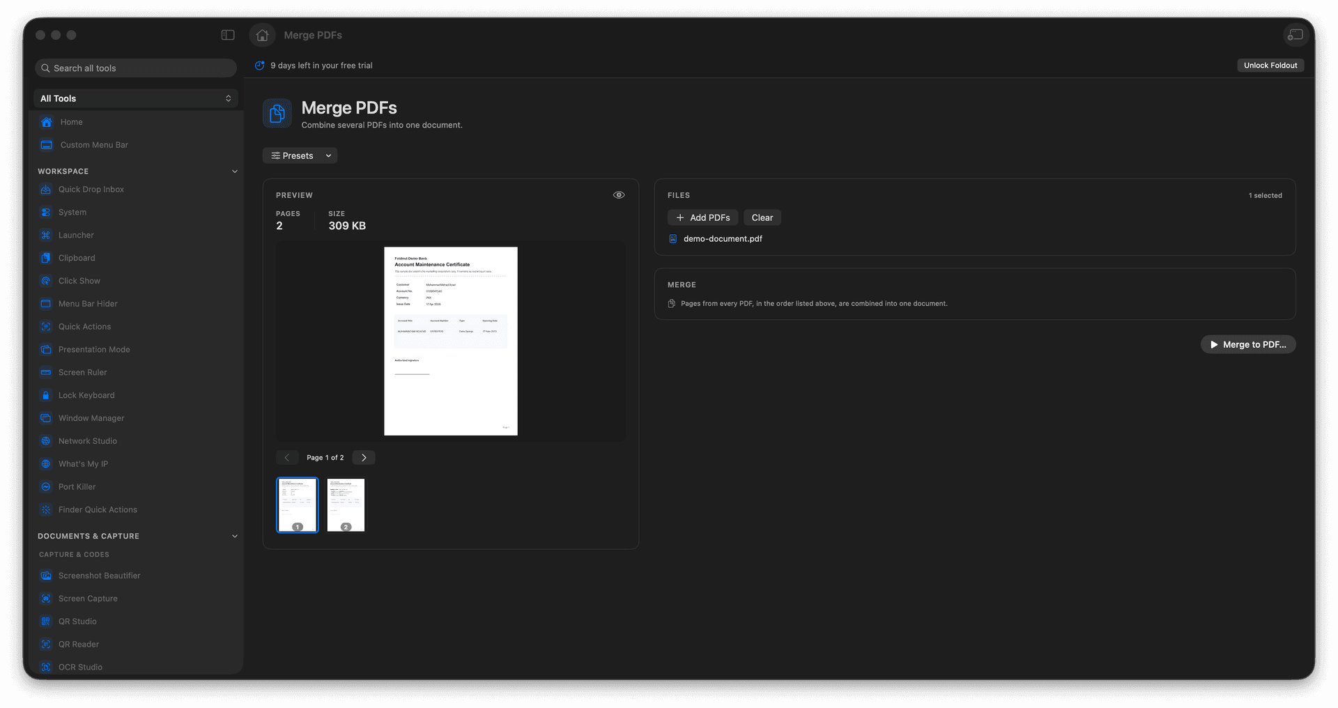 Foldout Combine several PDFs into one document tool screen on macOS