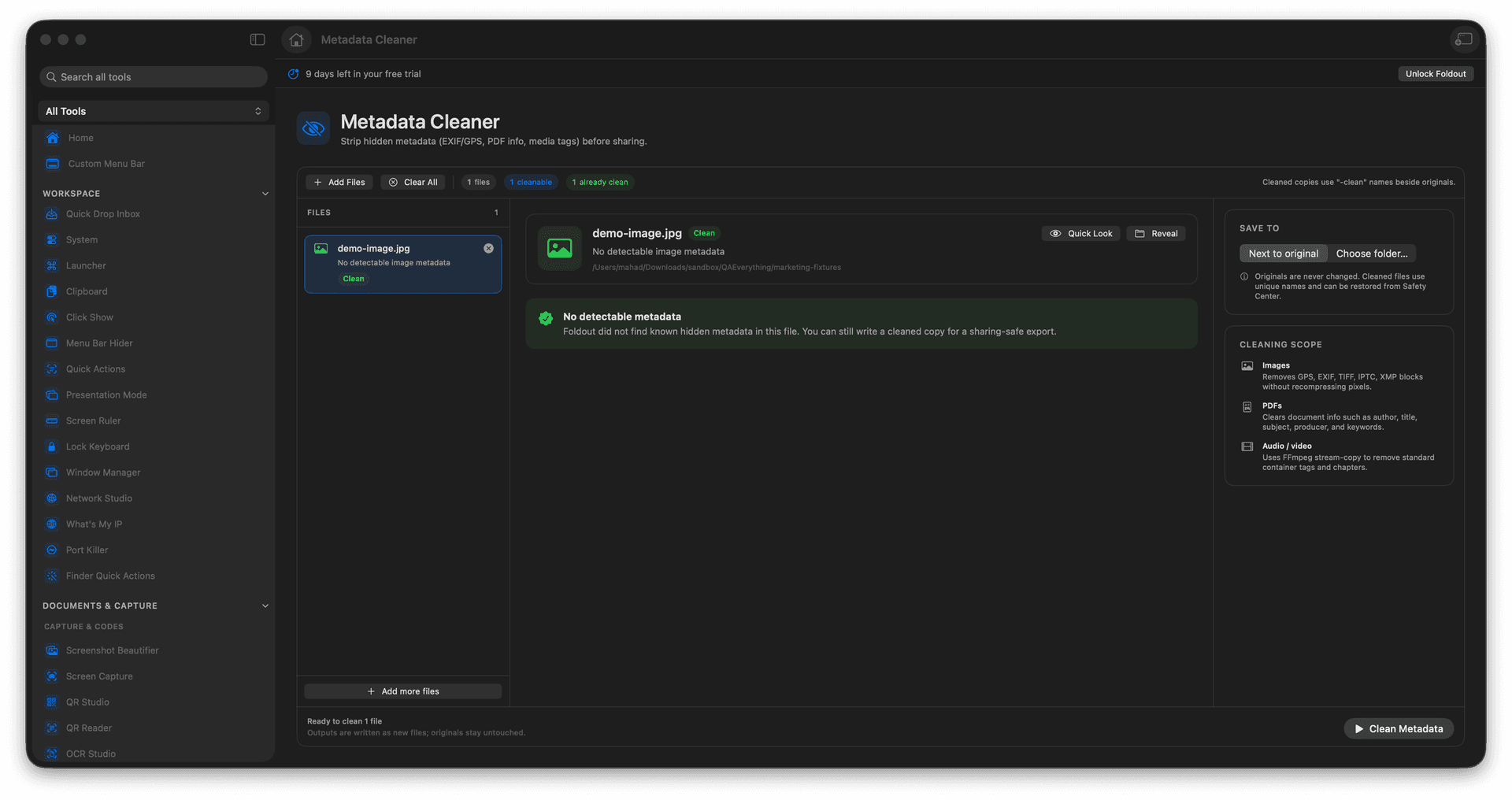 Foldout Audit and strip hidden metadata before sharing files tool screen on macOS