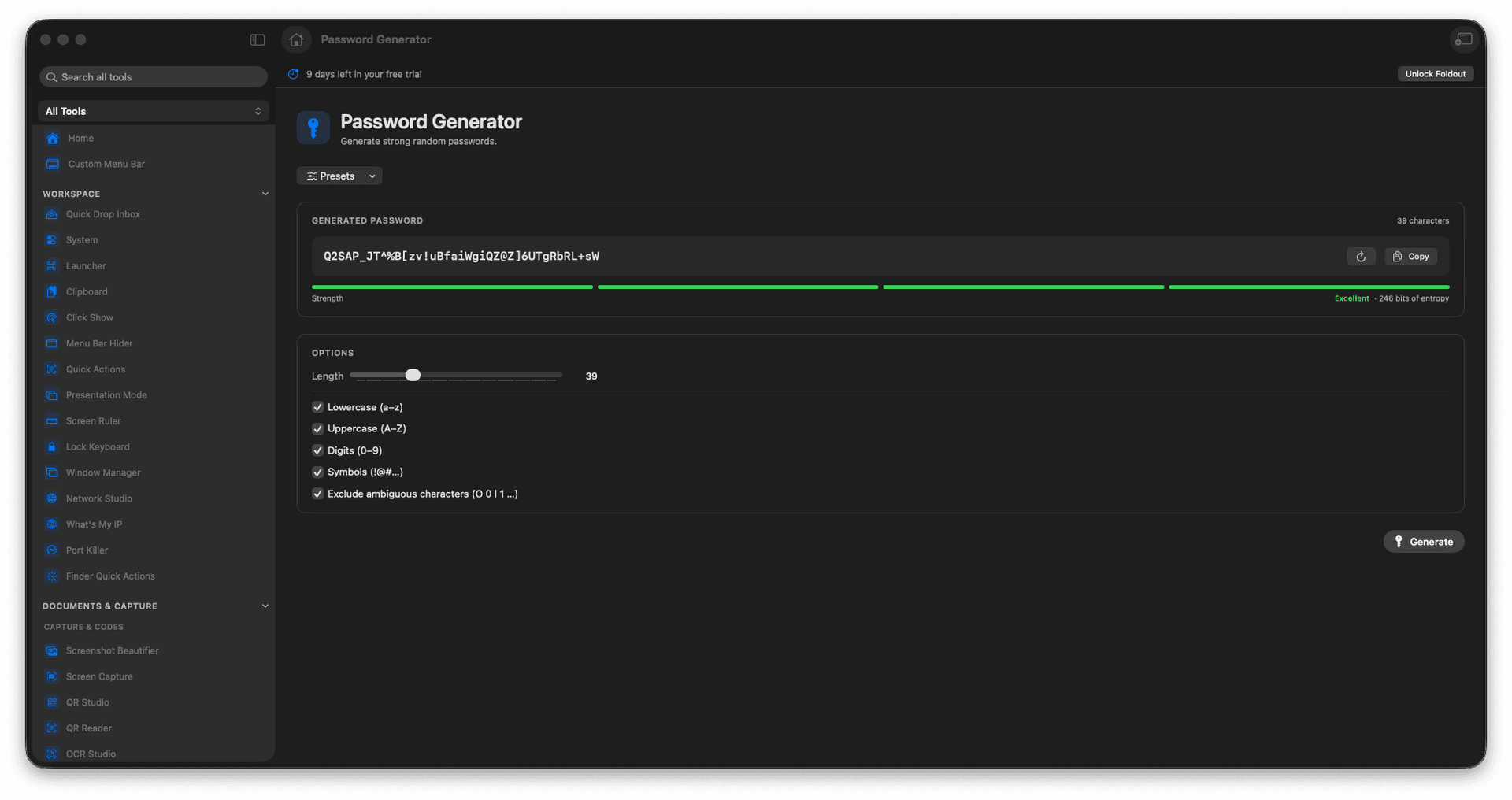 Foldout Password Generator tool screen on macOS