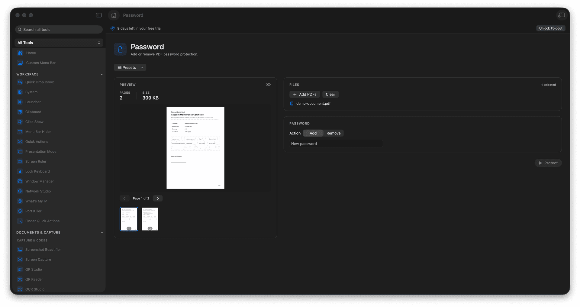 Foldout Add or remove PDF password protection tool screen on macOS