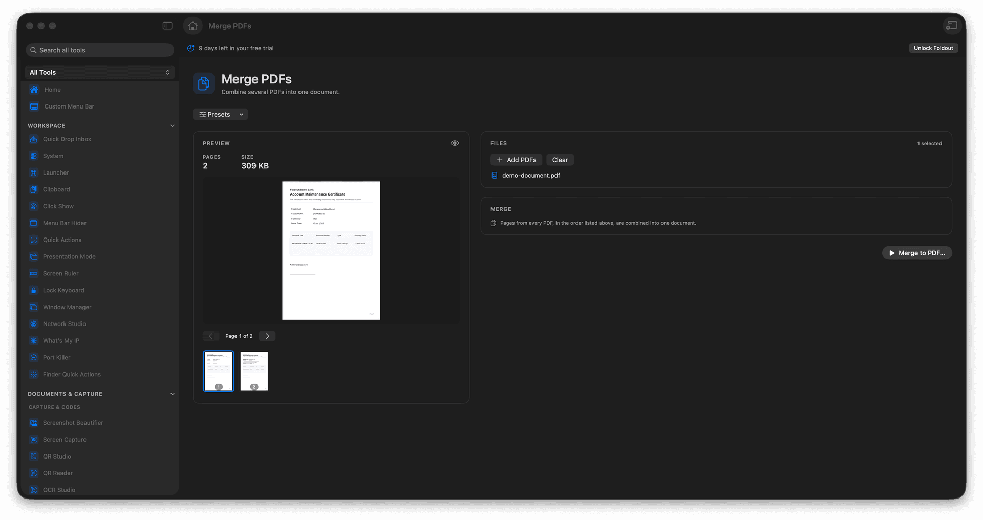 Foldout PDF tool screen on macOS