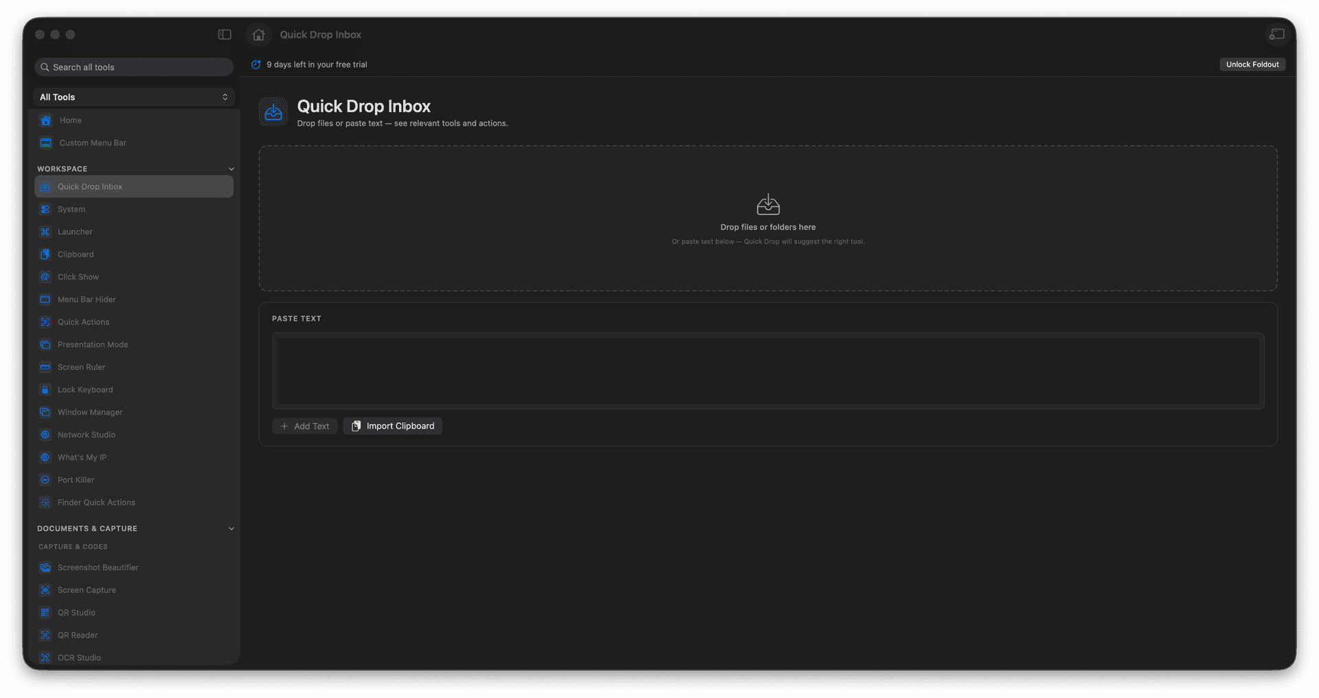 Foldout Drop files or text and see relevant actions tool screen on macOS
