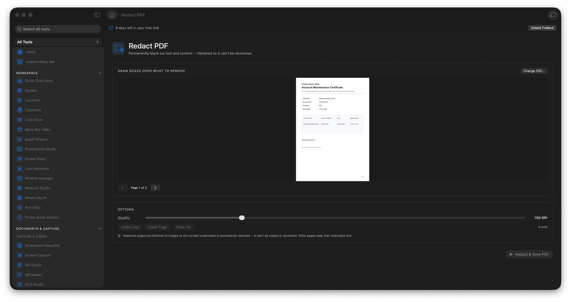 Foldout Permanently black out content in PDFs tool screen on macOS