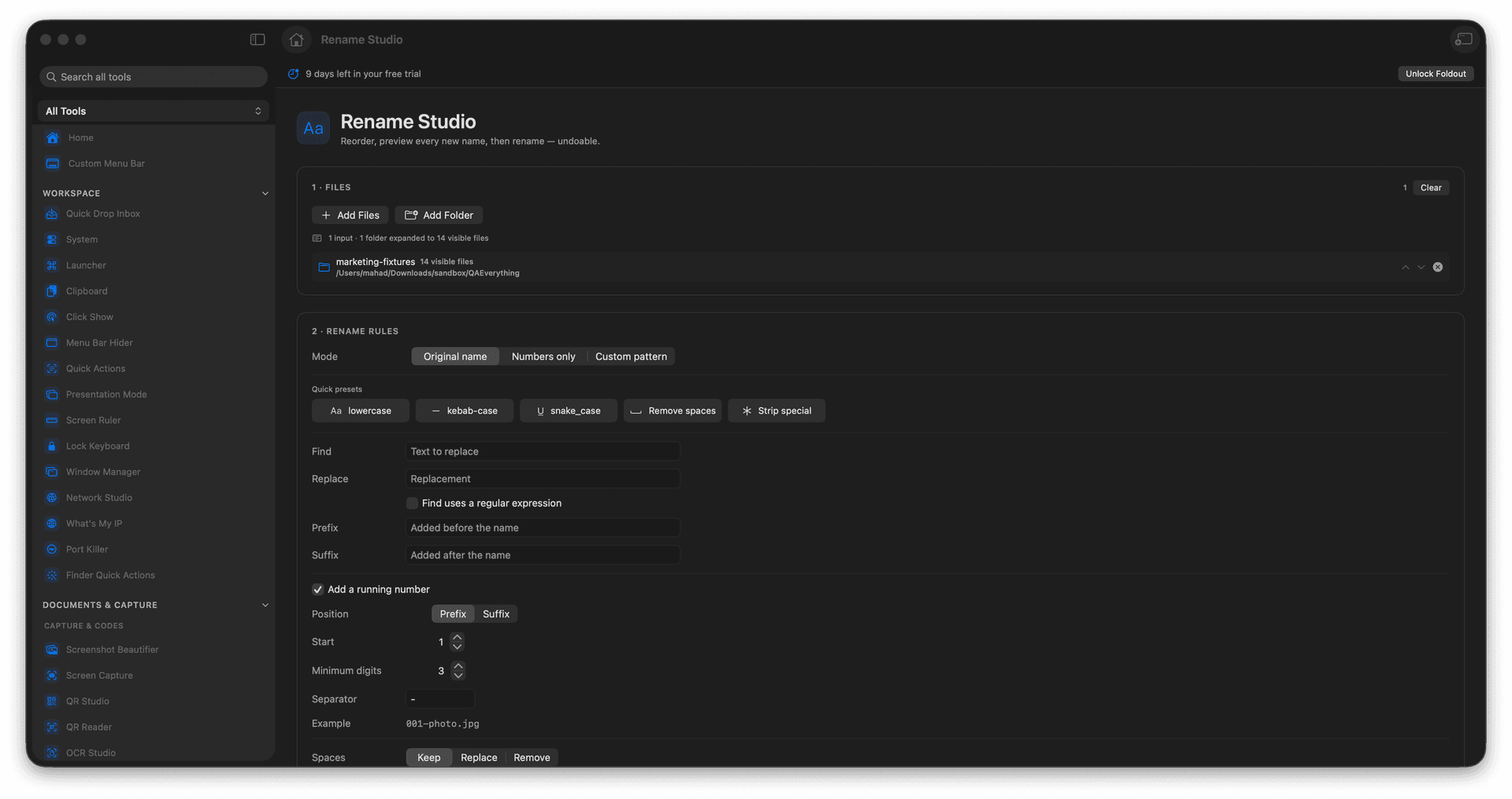 Foldout Preview safe bulk renames before touching your files tool screen on macOS
