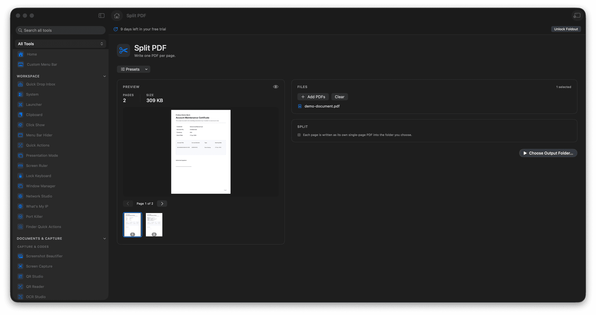 Foldout Split a PDF into one file per page tool screen on macOS