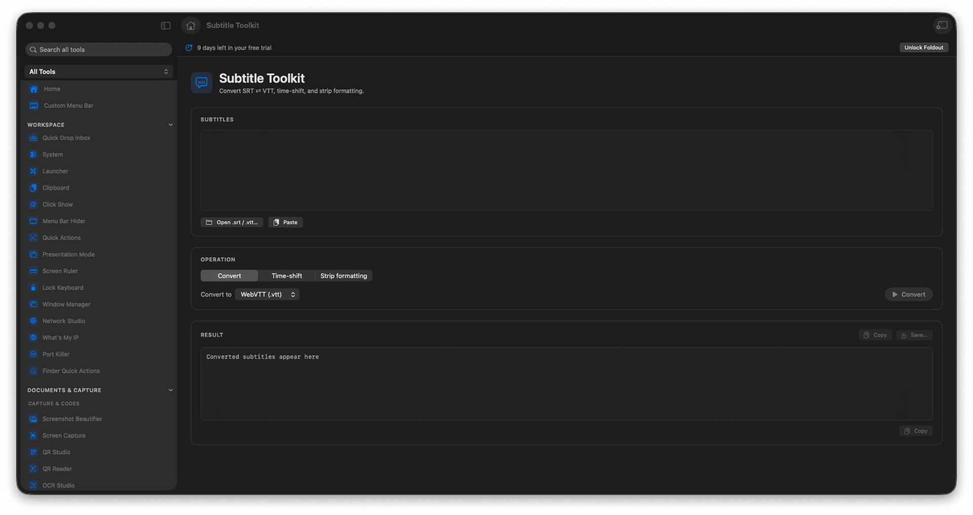 Foldout Convert and adjust subtitle files tool screen on macOS