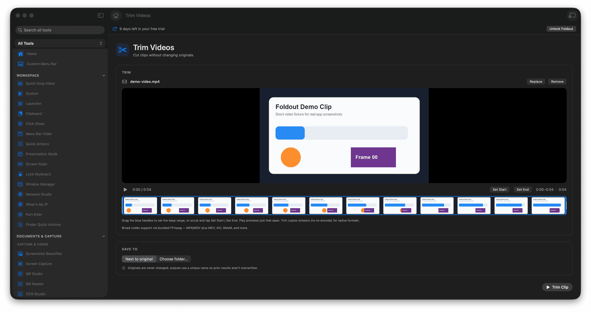 Foldout Video Cutter tool screen on macOS