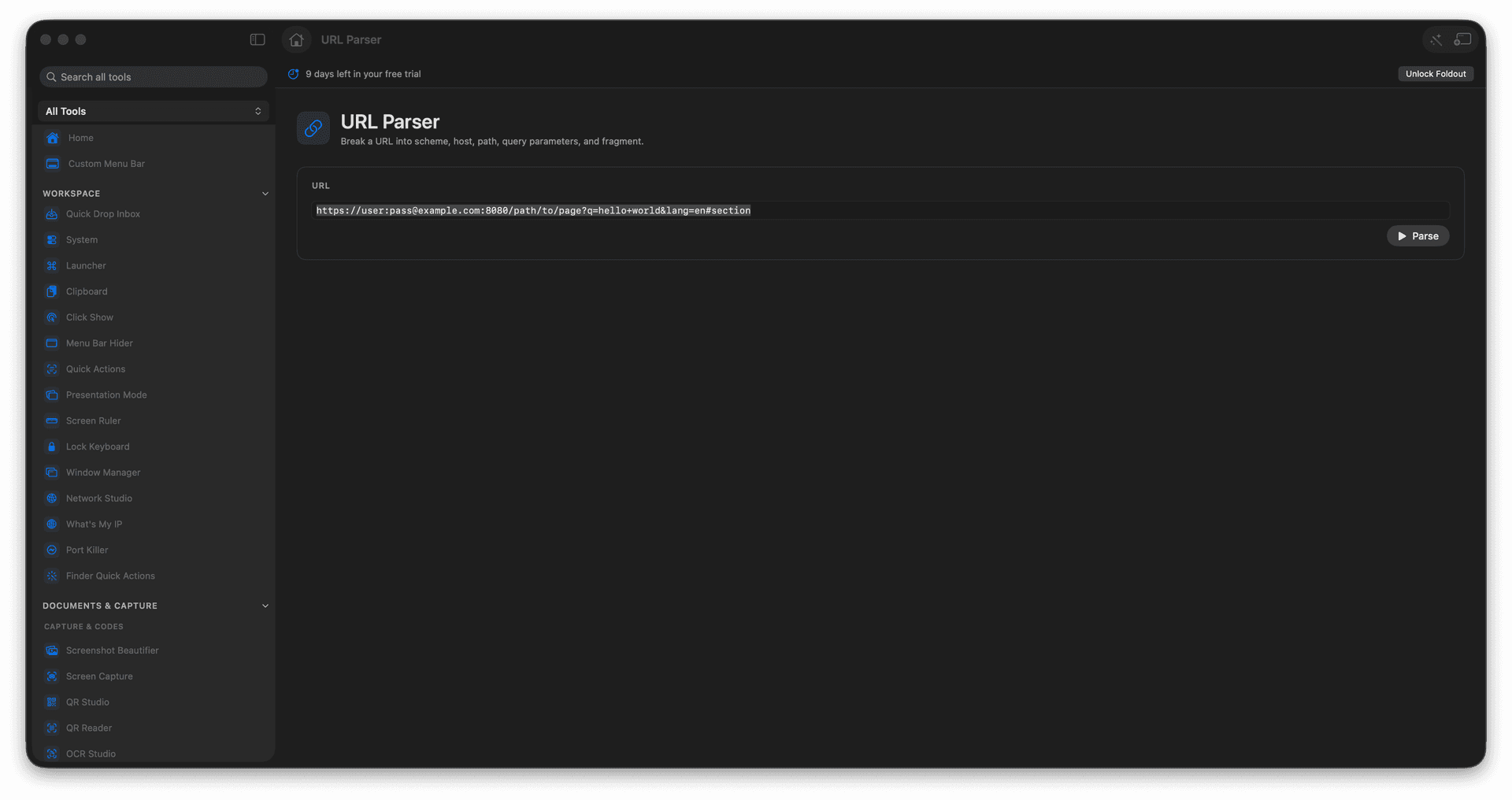 Foldout Break URLs into their parts tool screen on macOS