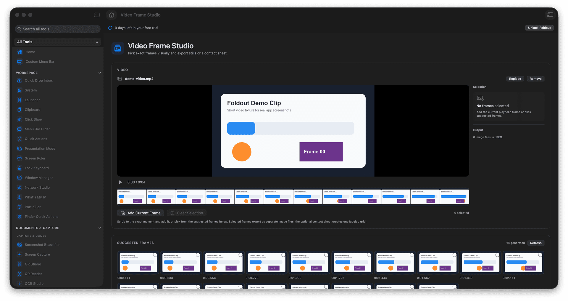 Foldout Pick exact video frames and export stills or a contact sheet tool screen on macOS