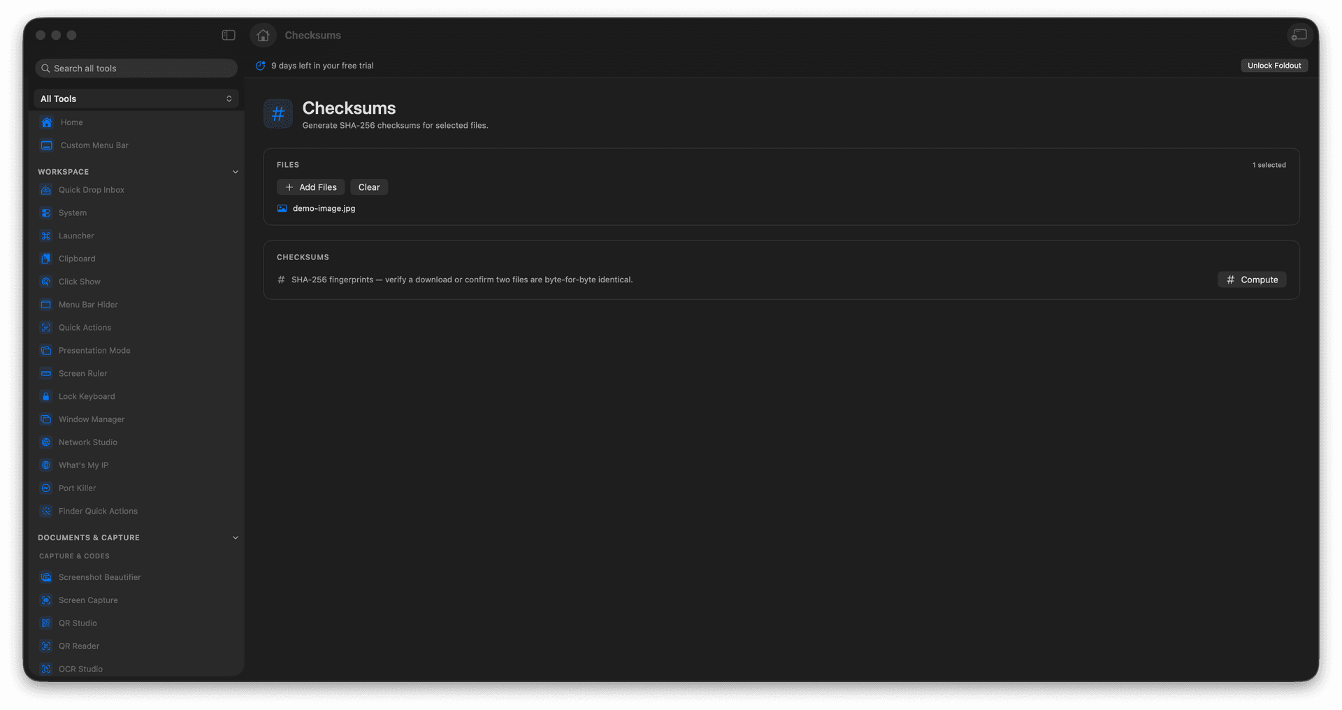 Foldout Calculate SHA-256 checksums for selected files tool screen on macOS