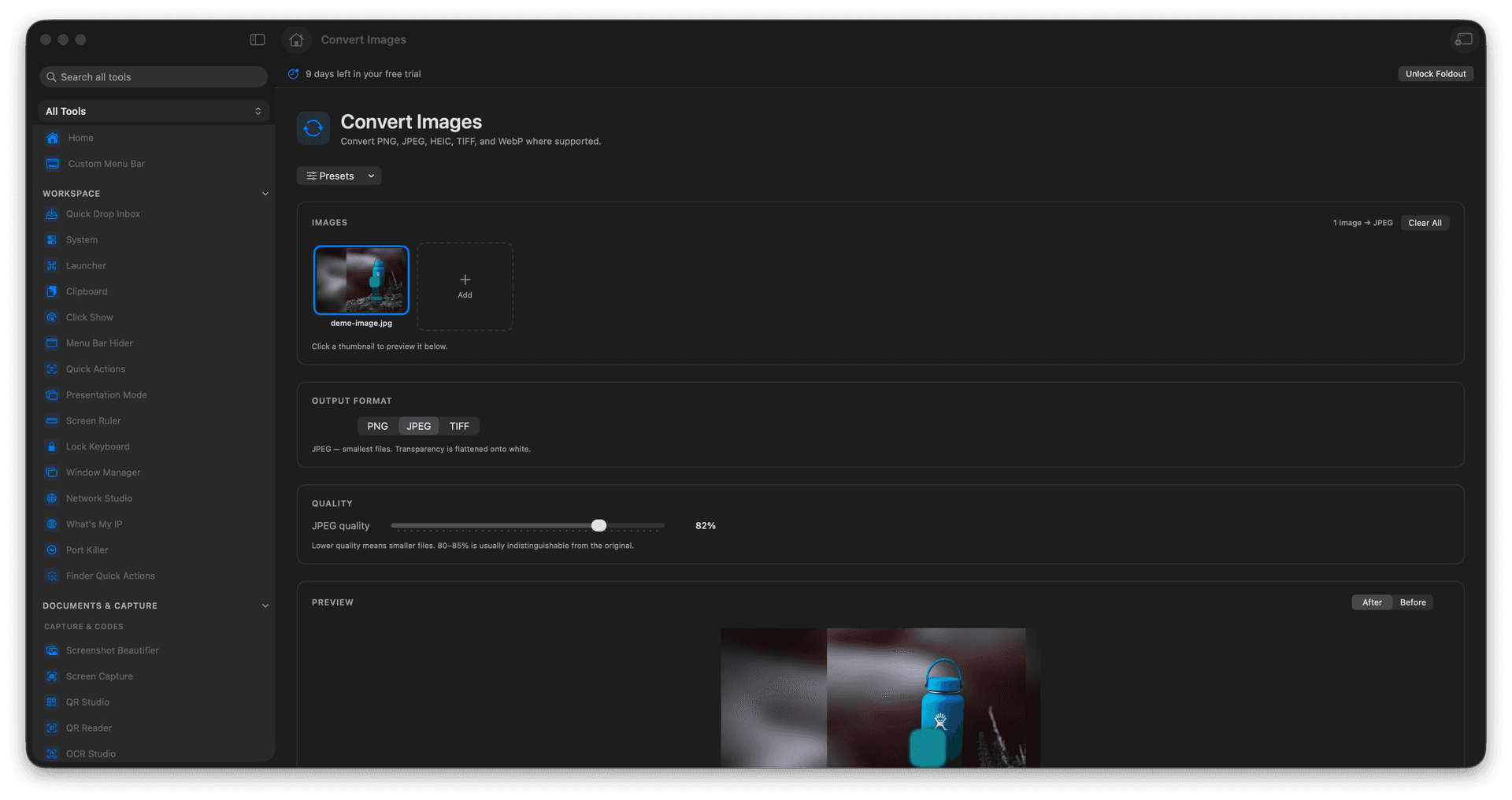 Foldout Convert images between common formats tool screen on macOS