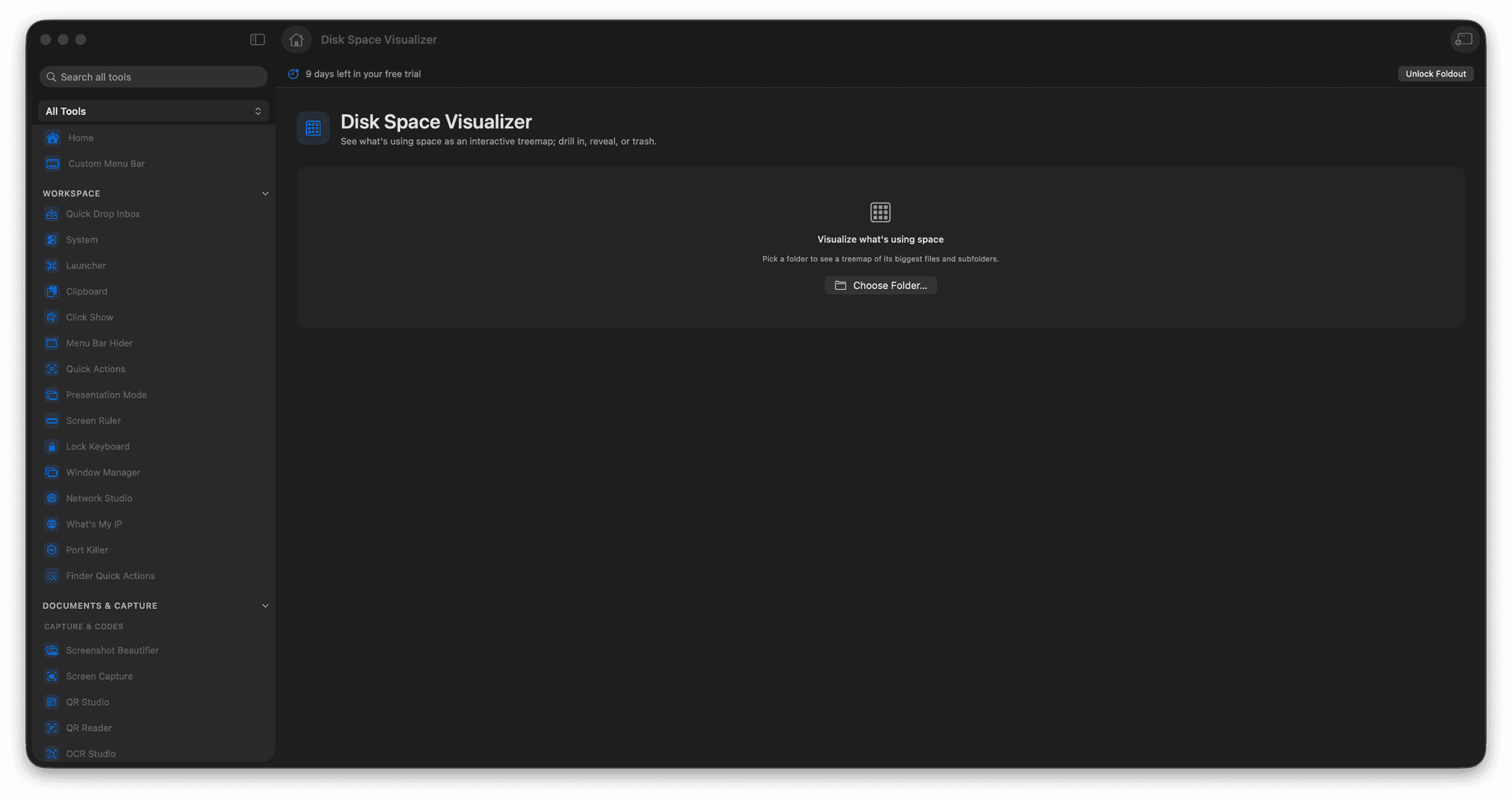 Foldout Disk Space Visualizer tool screen on macOS with a selected-folder treemap