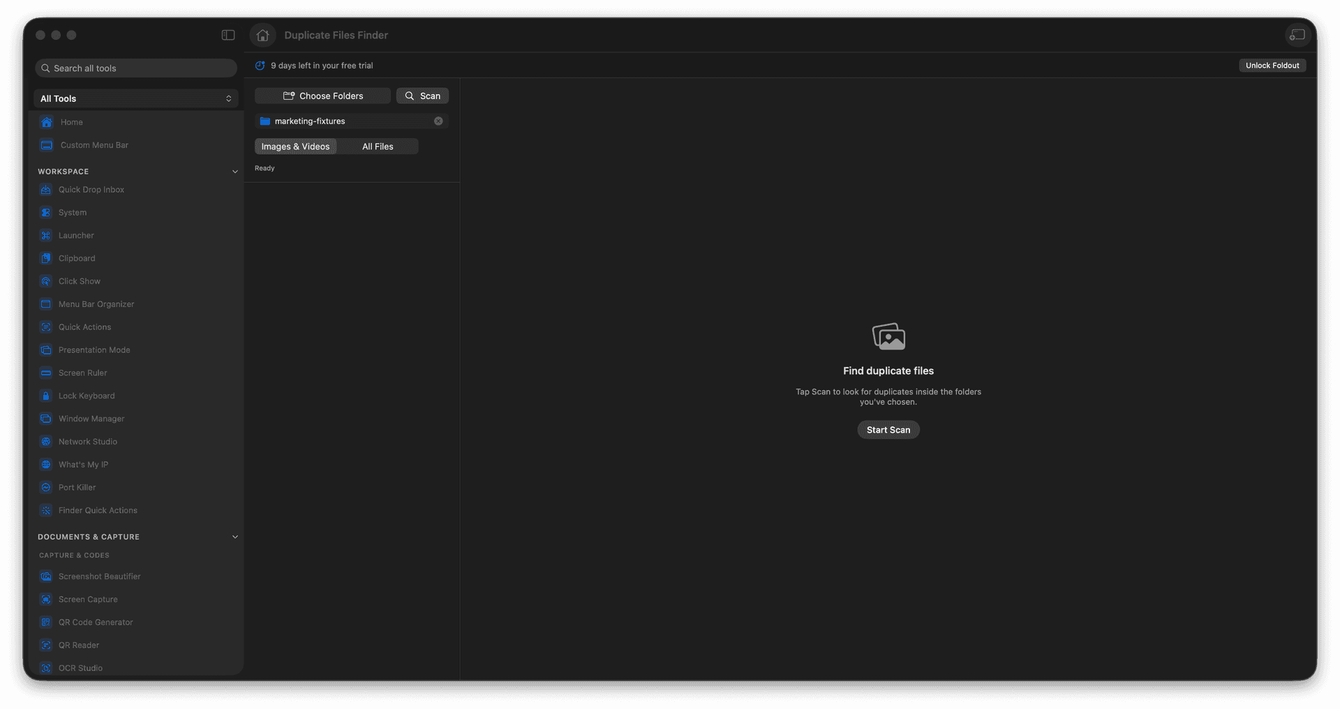 Foldout Duplicate Files Finder tool screen on macOS with exact duplicate and similar media review groups