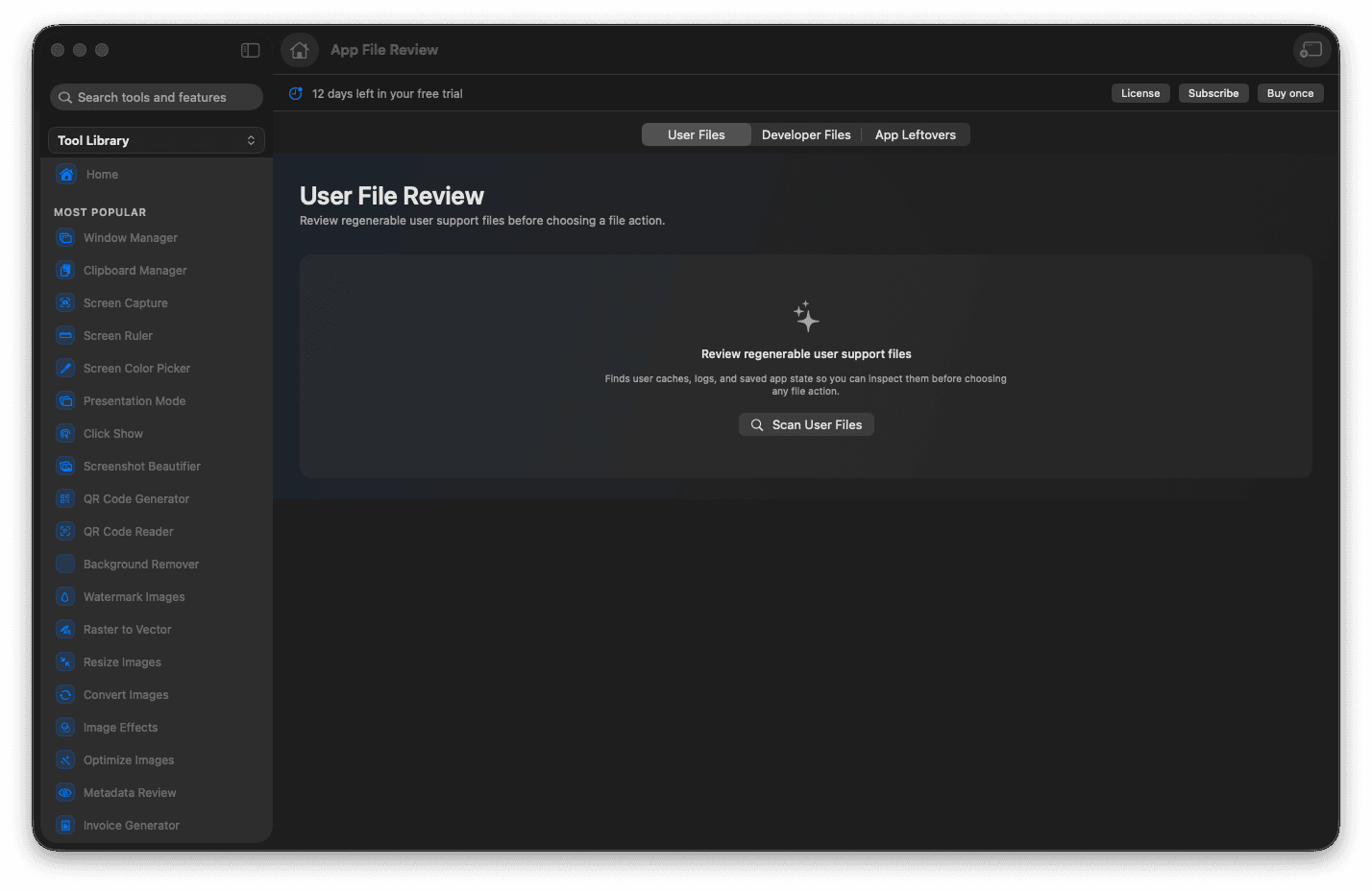 Foldout Folder Review tool screen on macOS with selected files, developer folders, and project file tabs
