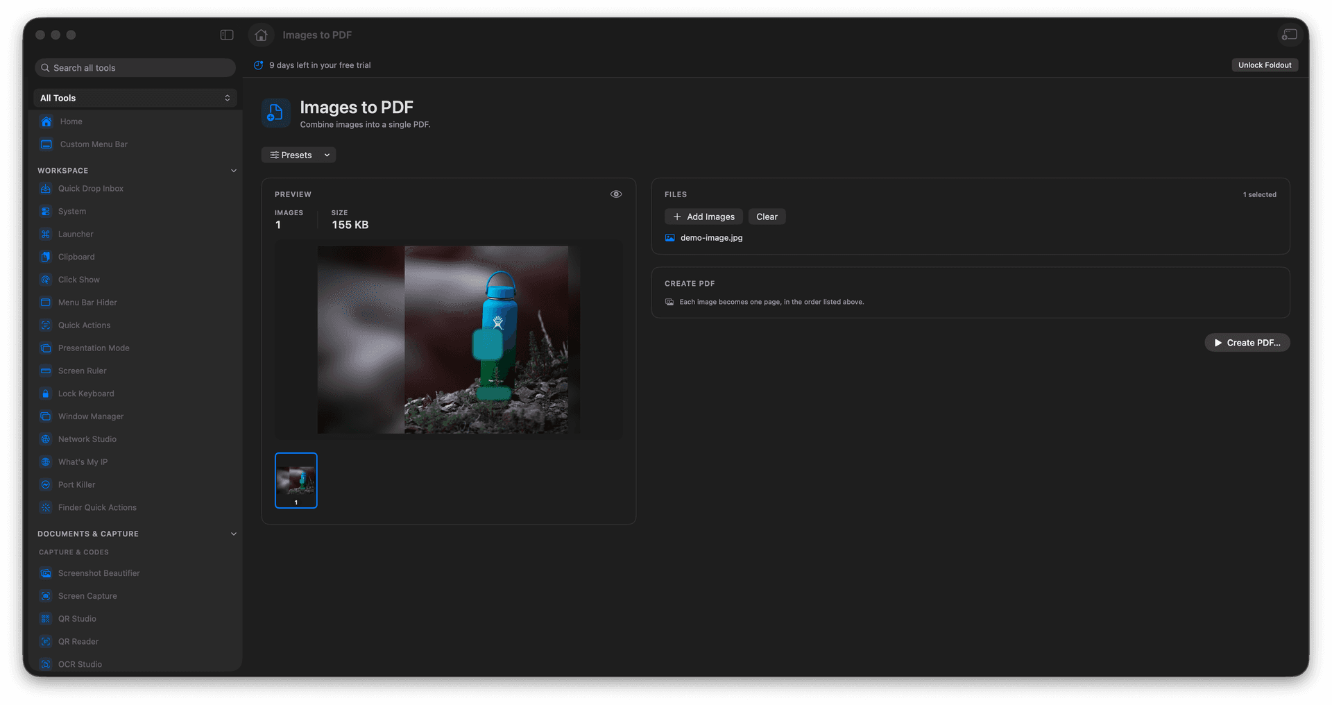 Foldout Combine images into a single PDF tool screen on macOS