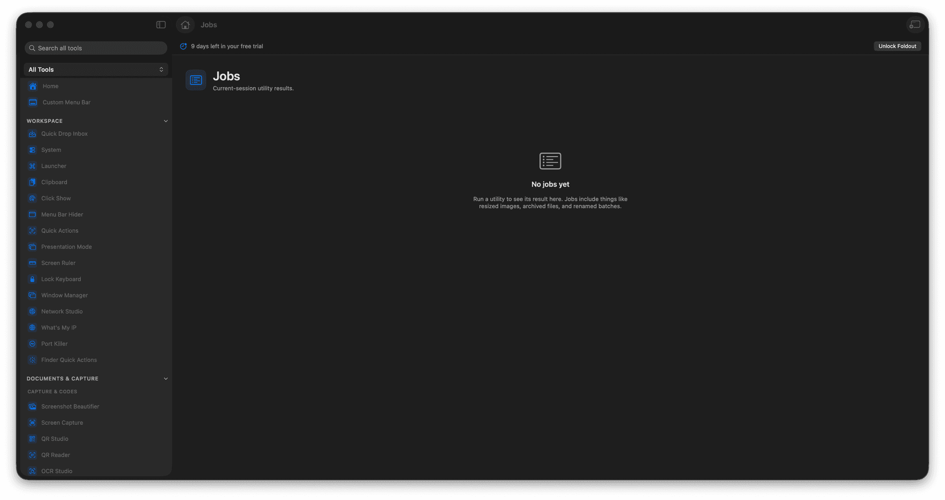Foldout Review current-session utility runs tool screen on macOS