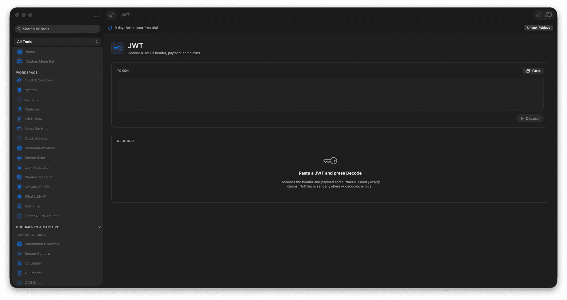 Foldout Decode a JWT header, payload, and claims tool screen on macOS
