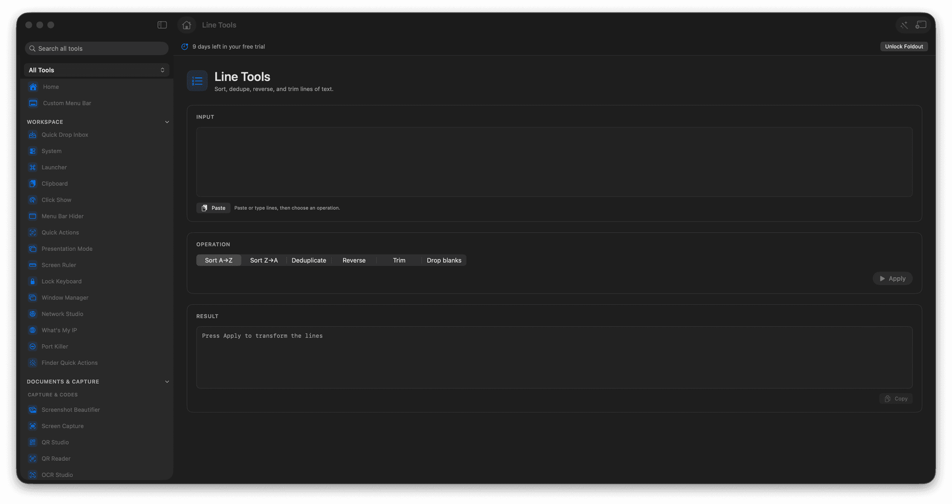 Foldout Sort, dedupe, reverse, and trim lines of text tool screen on macOS