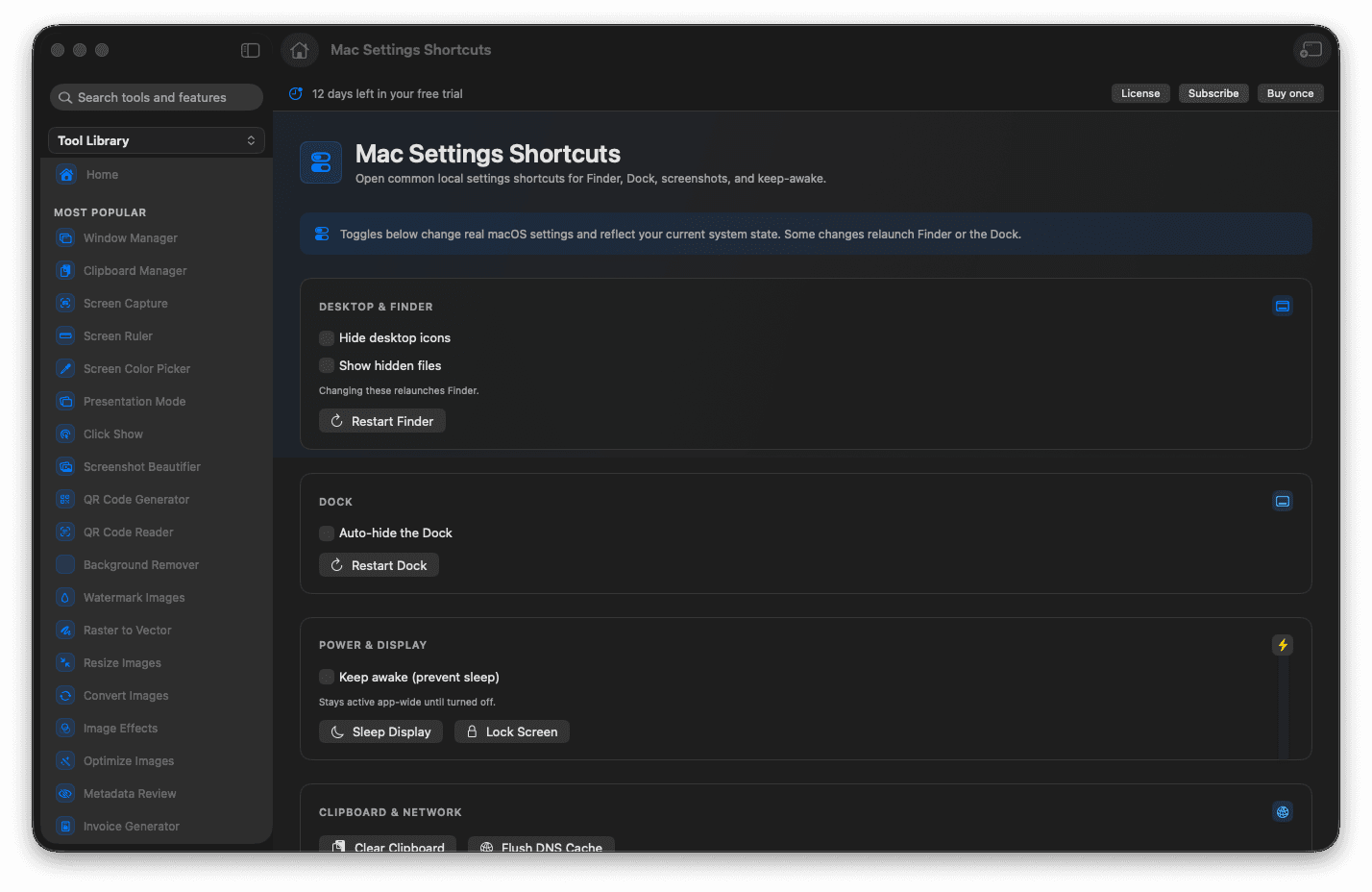 Foldout Mac Settings Shortcuts tool screen on macOS with Finder, Dock, screenshot, and keep-awake controls