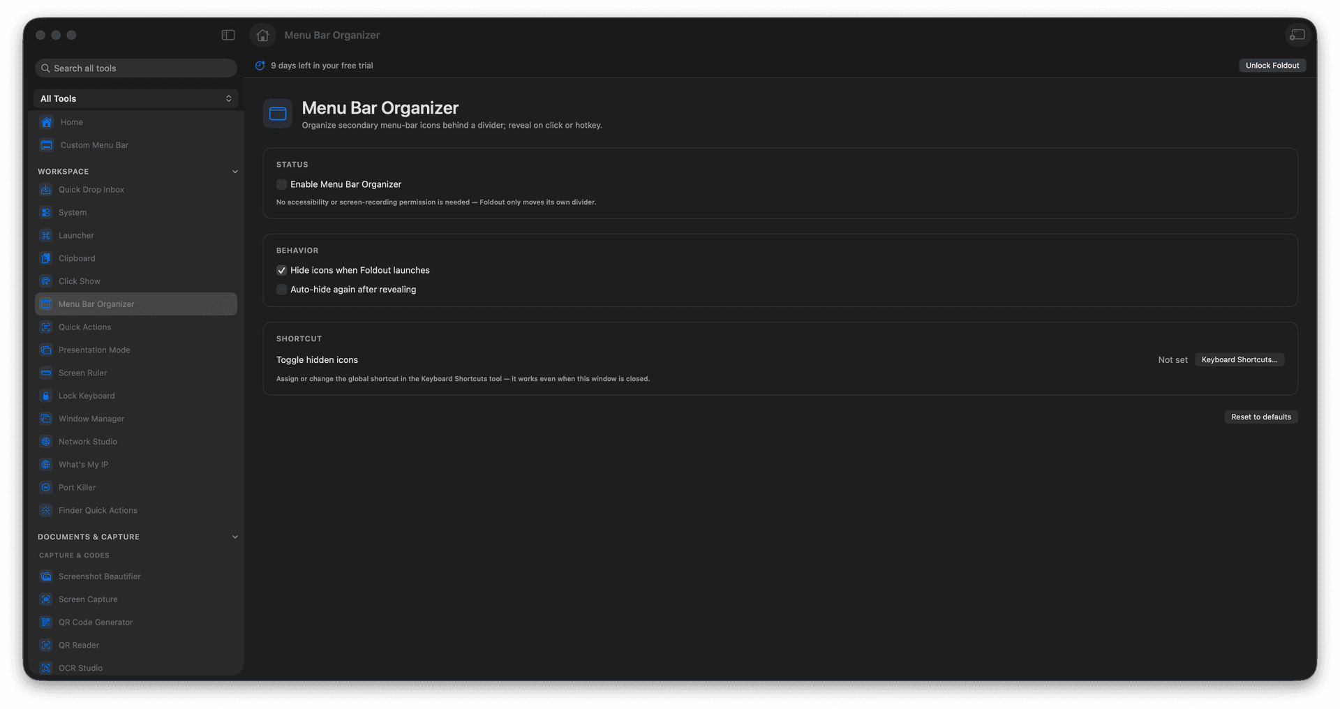 Foldout Hide secondary menu-bar icons behind a divider tool screen on macOS