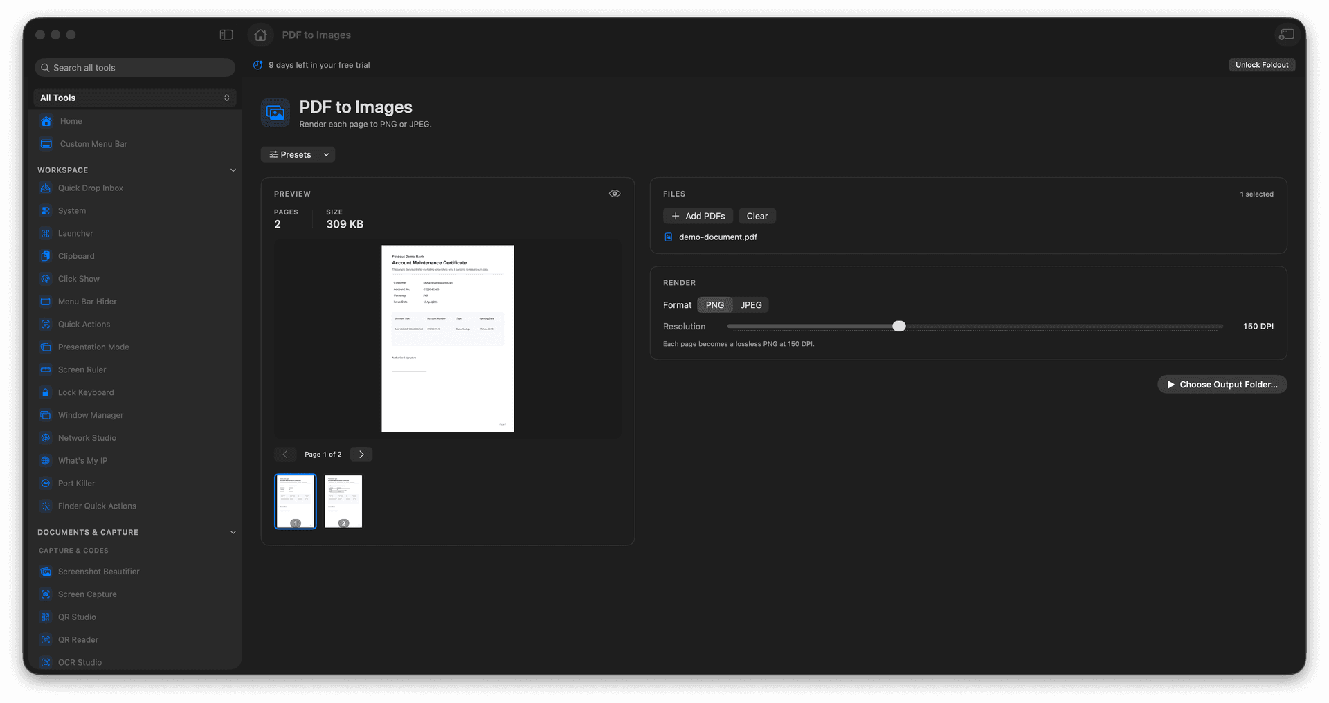 Foldout Render PDF pages as PNG or JPEG files tool screen on macOS