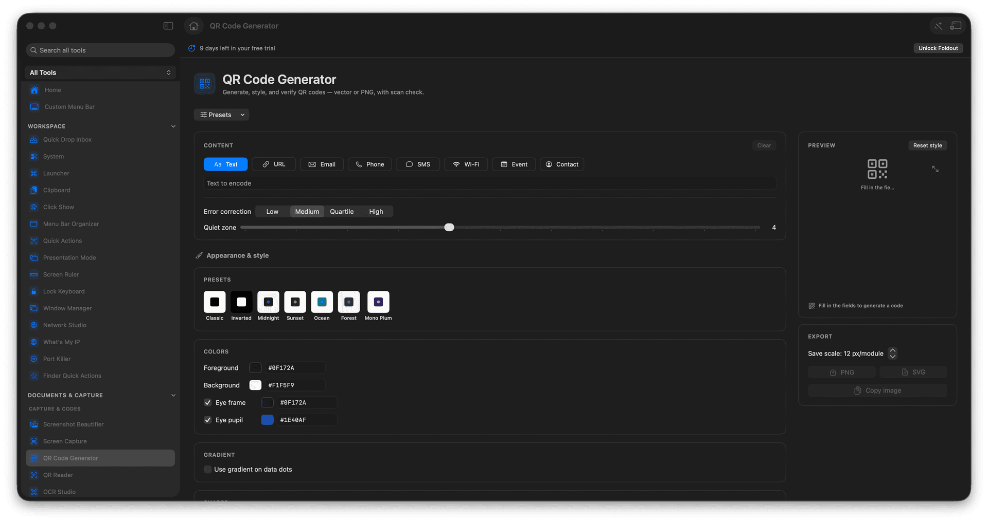 Foldout QR Code Generator tool screen on macOS