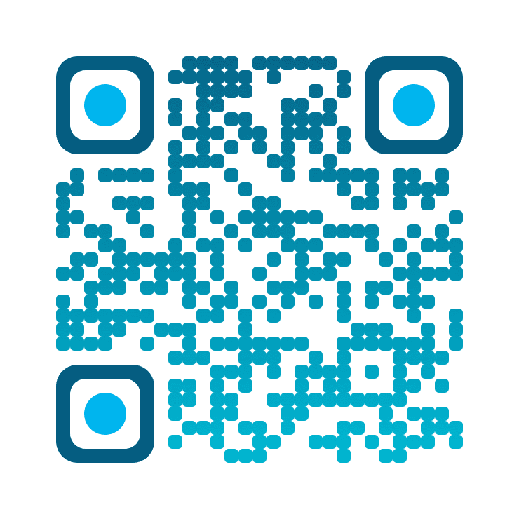 Sample QR code with rounded blue modules